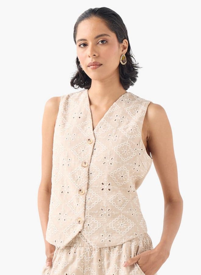 2Xtremz Schiffli Detail V-Neck Sleeveless Jacket Beige - Image 1
