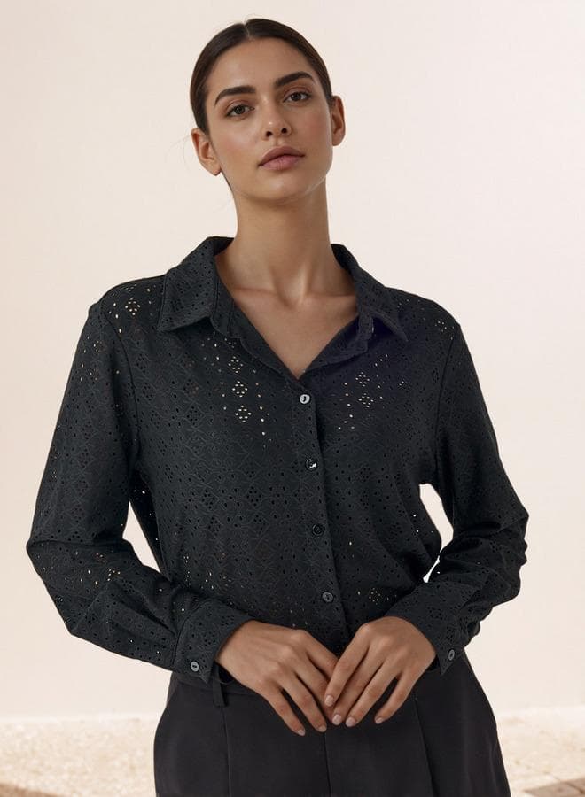 Black Schiffli Textured Viscose Shirt with Collar - Image 1
