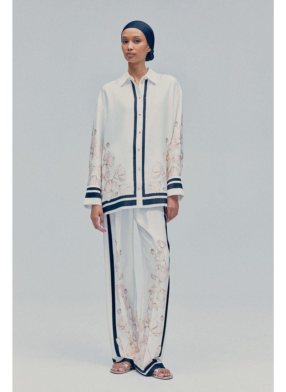 Floral Twill Wide-Leg Trousers in Ivory White - Image 1