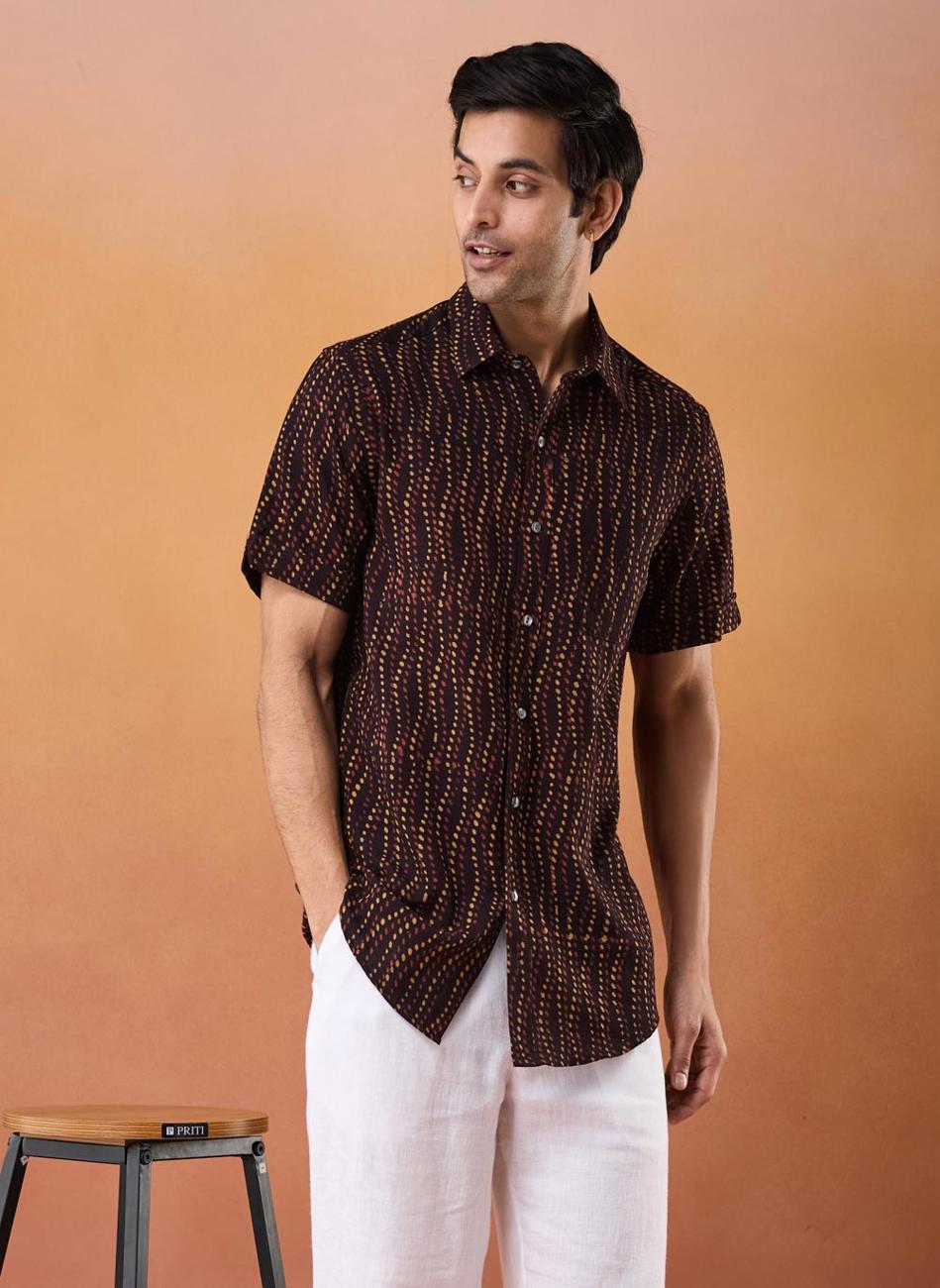 Black Cotton Printed Shirt Classic Fit Collared - Image 1