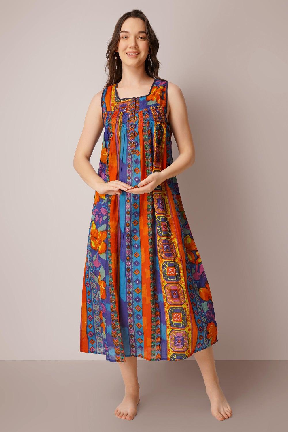 May Printed Smocked Cotton Night Dress - Image 1