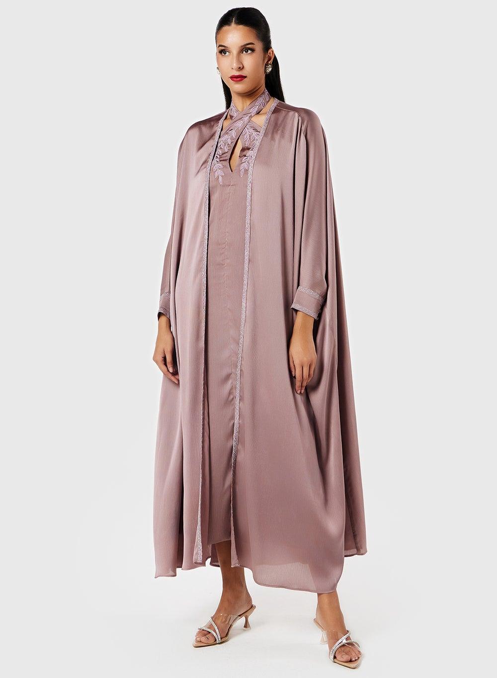 Threadz Ajooni 25226 Embroidered Neck Maxi Dress Jacket Pink - Image 1