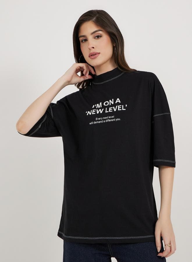 Styli Black Oversized Slogan Graphic Tee 7010179601 - Image 1