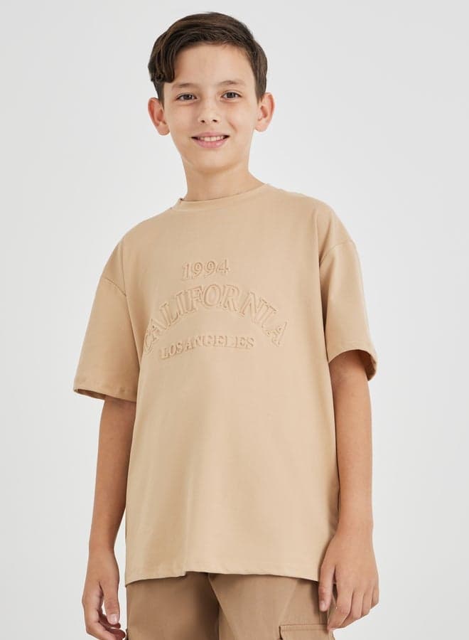 Styli Boys Embossed Typography Oversized Brown T-Shirt 2112238505 - Image 1