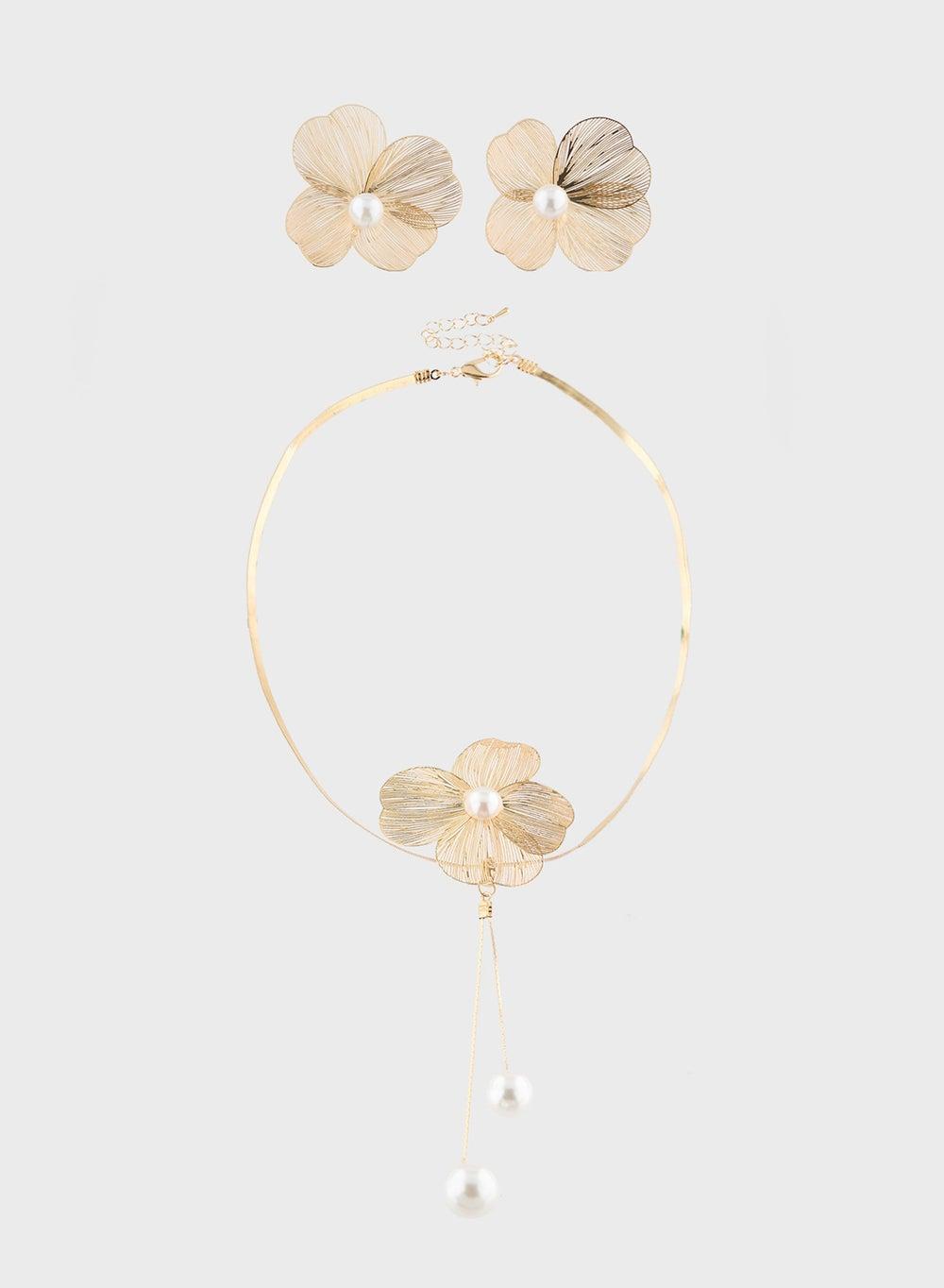Gold Pearl Choker Necklace & Earrings Set Fj241242 - Image 1