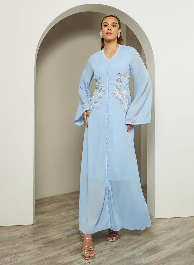 Light Blue Embellished Bell Sleeve A-Line Maxi Dress - Image 1