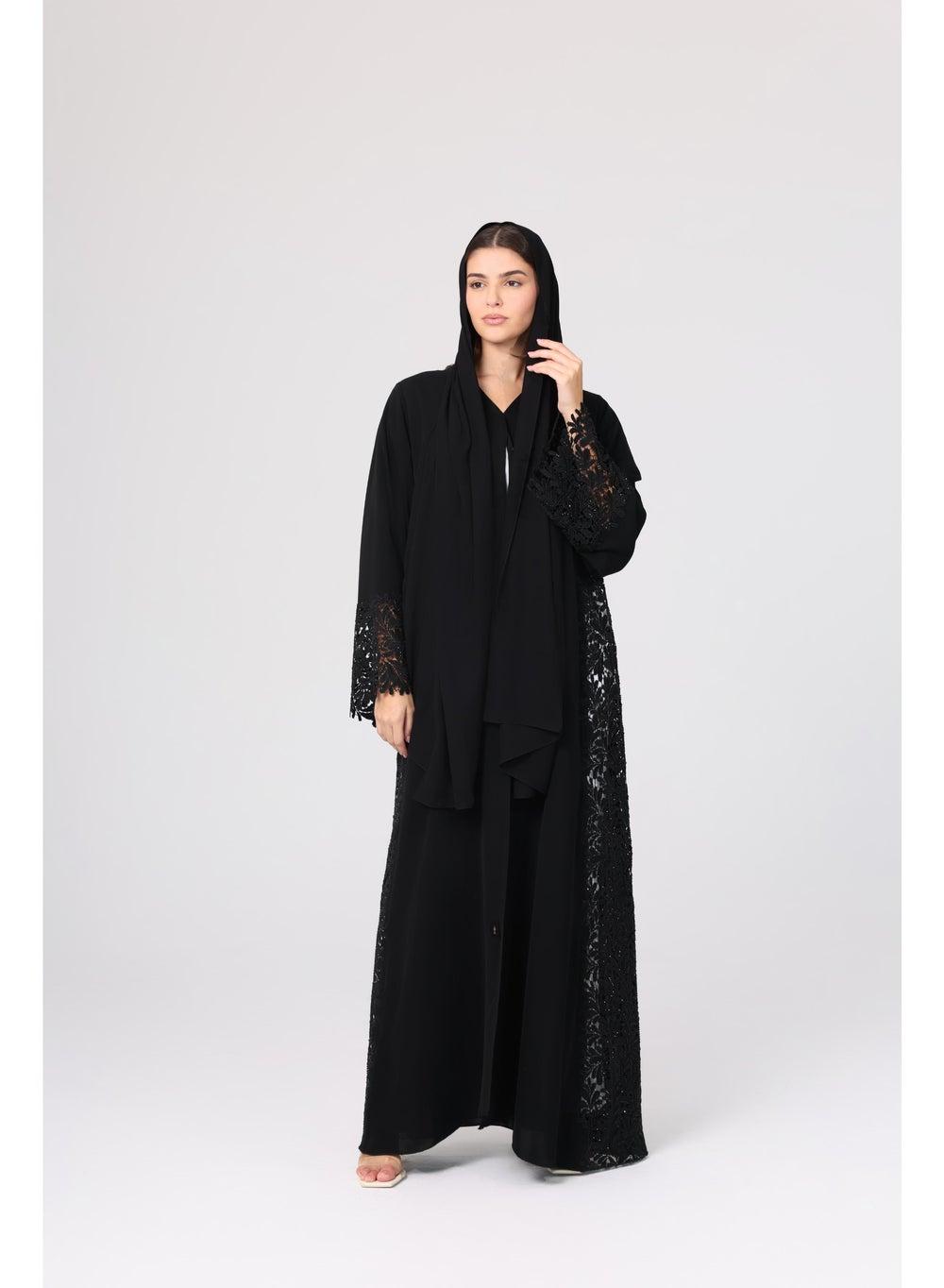 ABY1113 Lace Sleeve Layered Abaya with Slides - Image 1