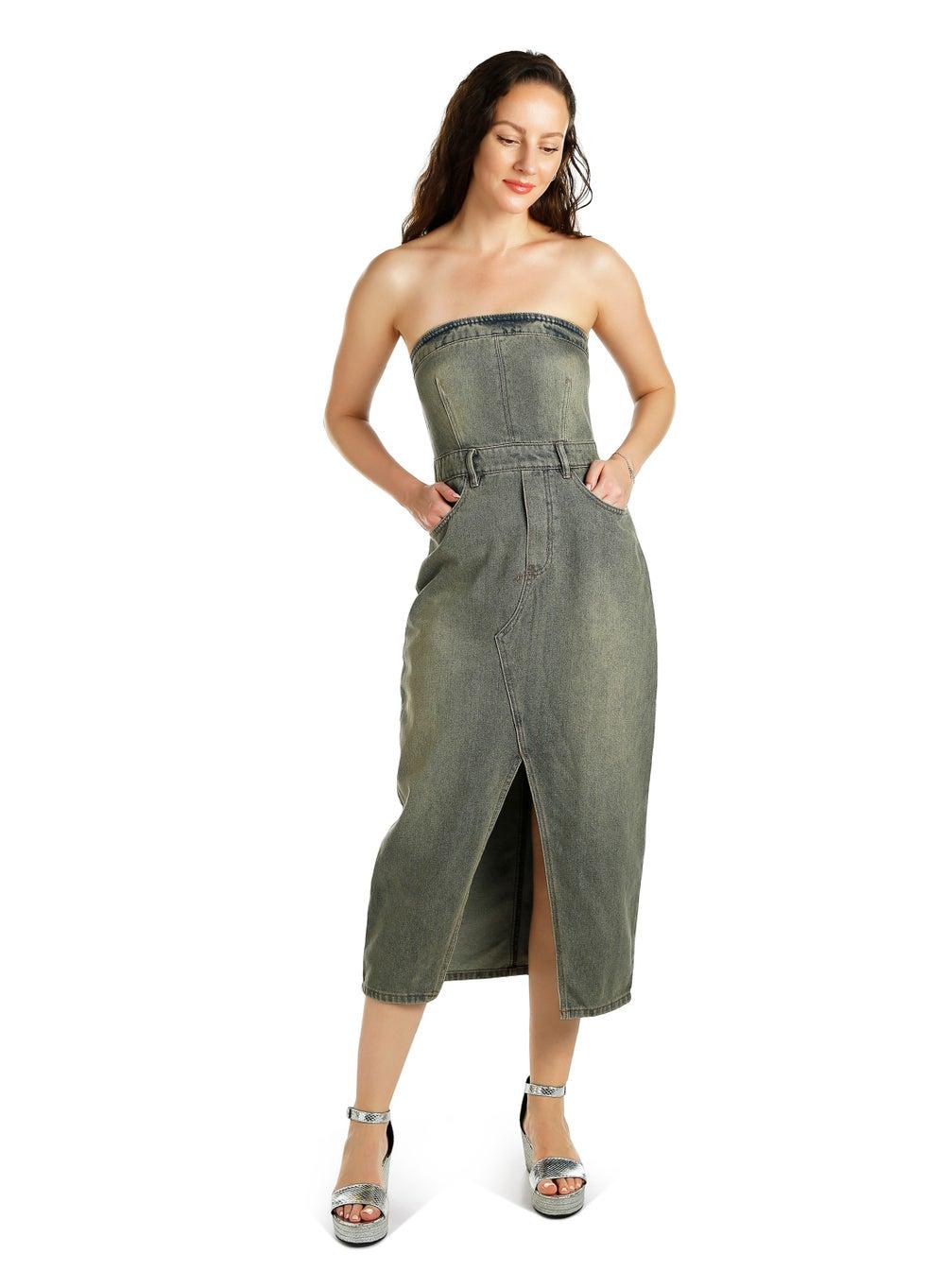 Cl8898 Vintage Wash Strapless Denim Midi Dress - Image 1
