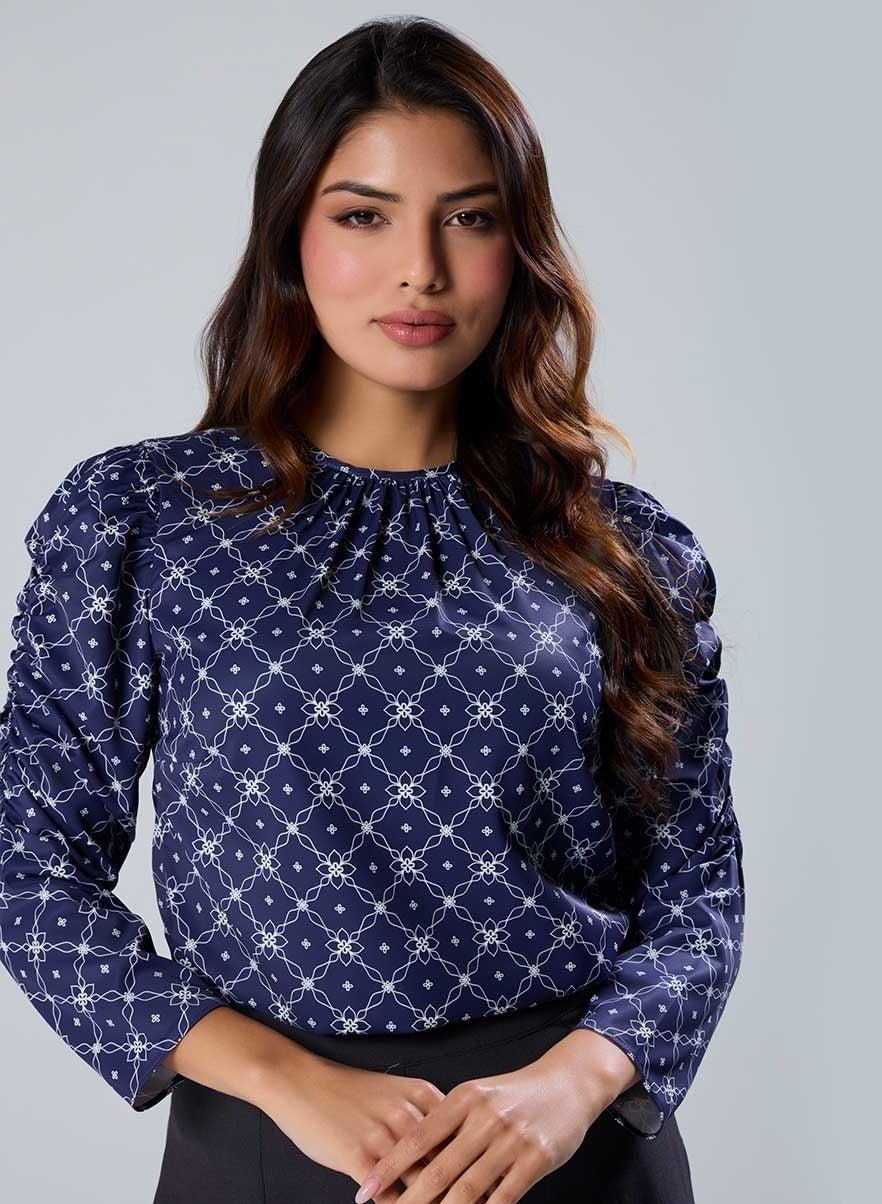 Blue Printed Chiffon Long Sleeve Casual Top - Image 1