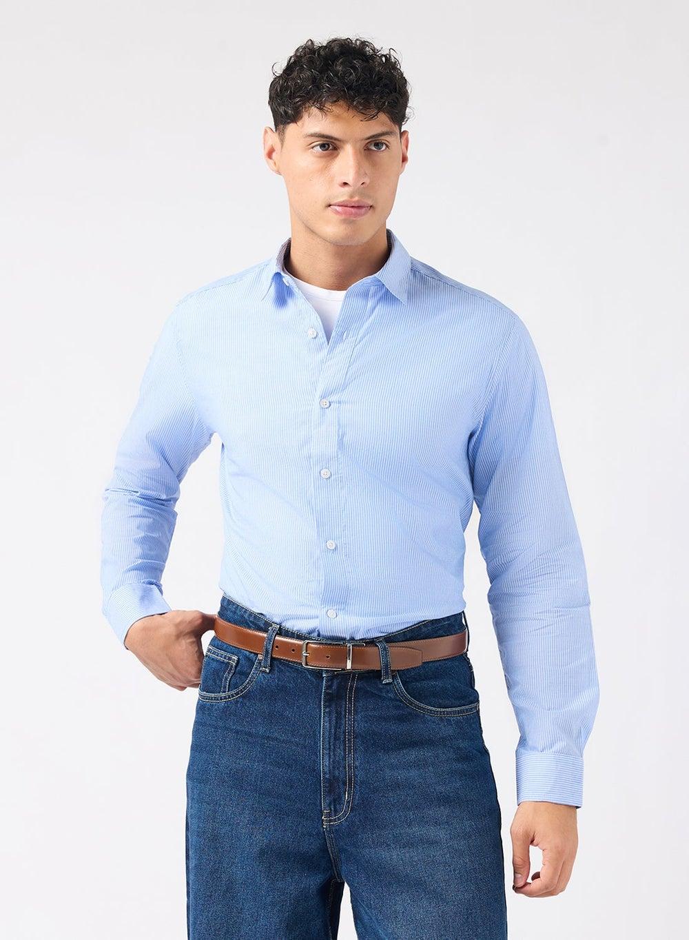 Zopst4Oo32 Blue Striped Regular Fit Classic Shirt - Image 1