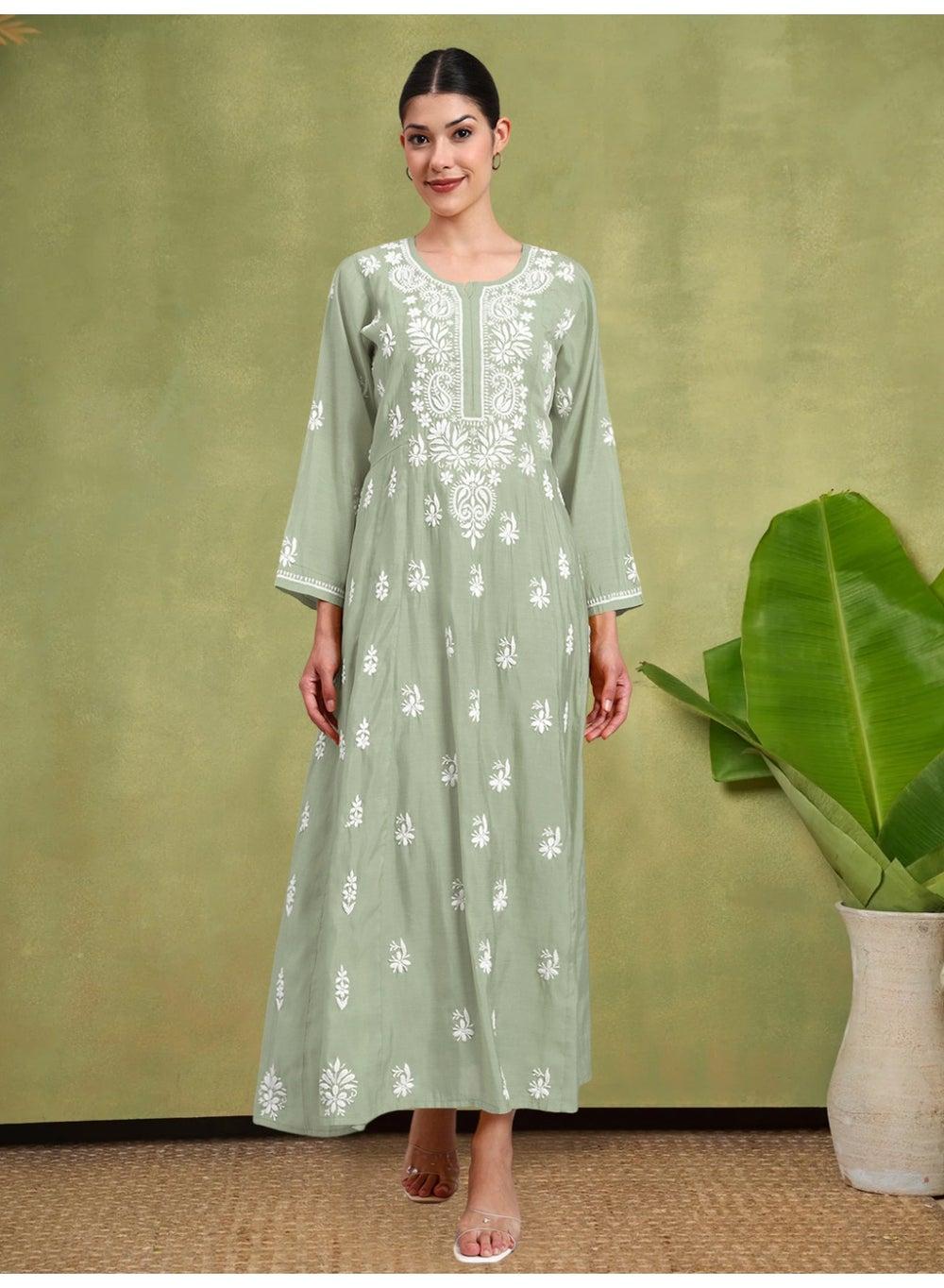 Chikankari Chanderi Jalabiya AL4088 in Elegant Green - Image 1
