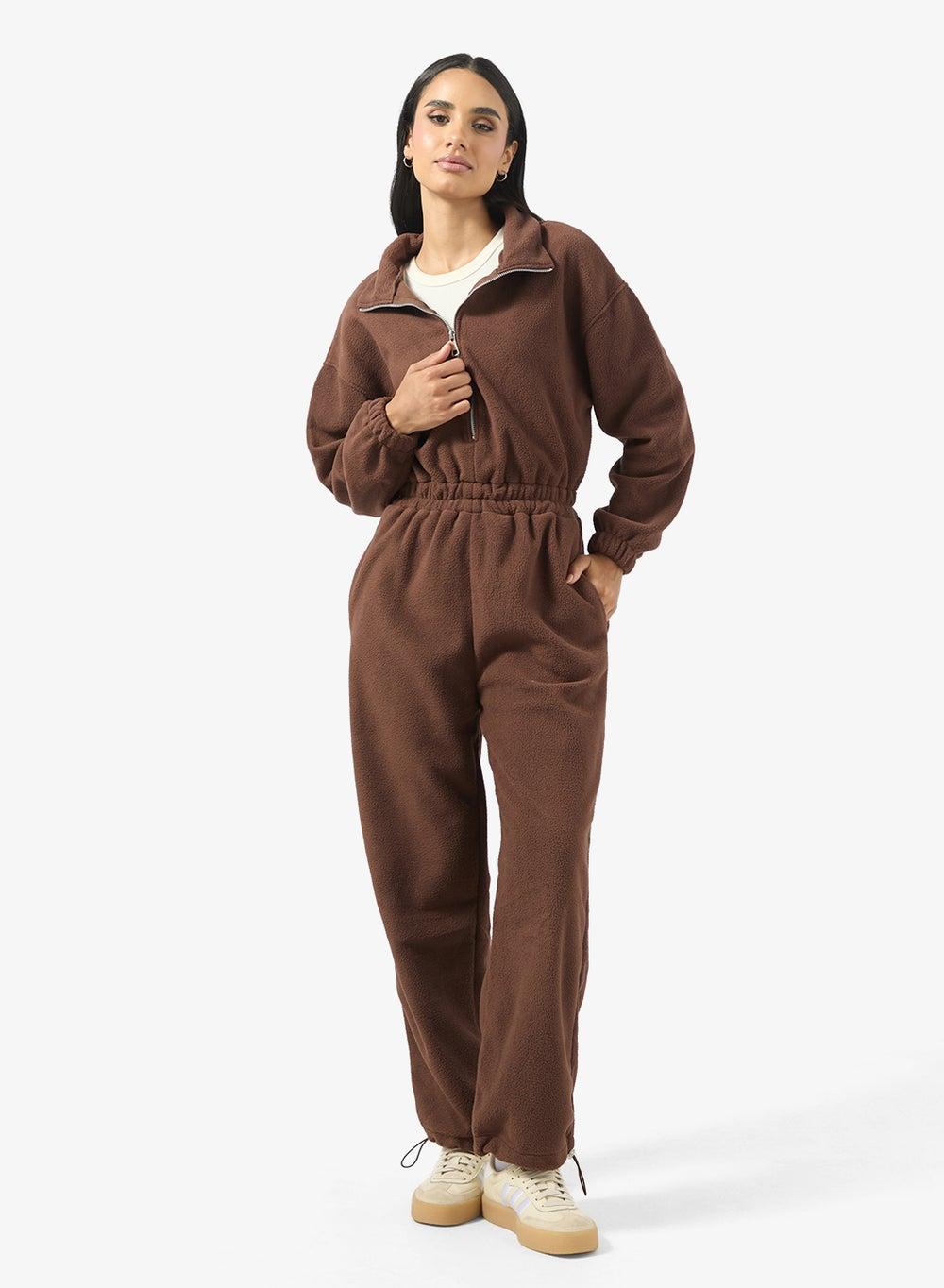 Brown Hooded Zip-Up Fleece Onesie Y250517006 - Image 1