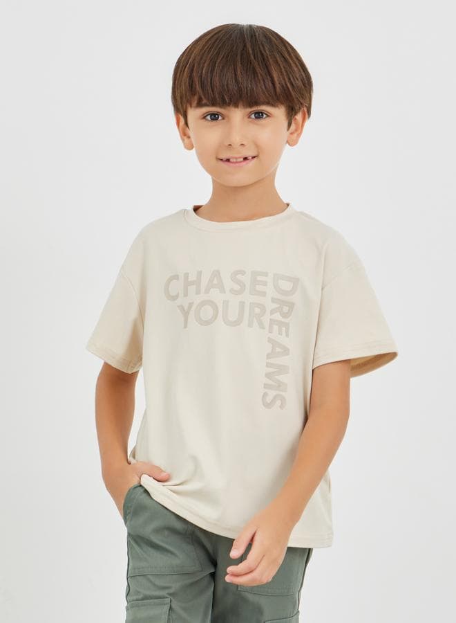 Boys Graphic Slogan Beige Round Neck T-Shirt - Image 1