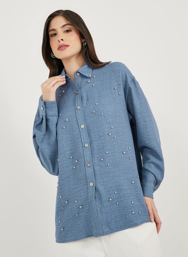 Styli 7009207103Blue Embellished Oversized Denim Shirt - Image 1