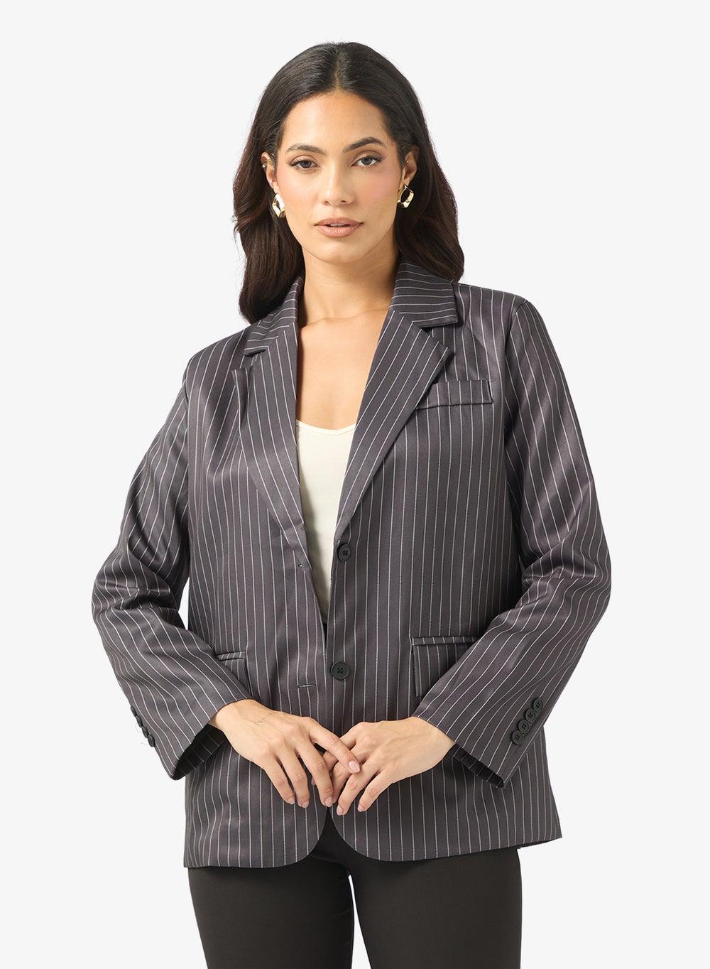 Black Striped Oversized Blazer Clt256053 - Image 1