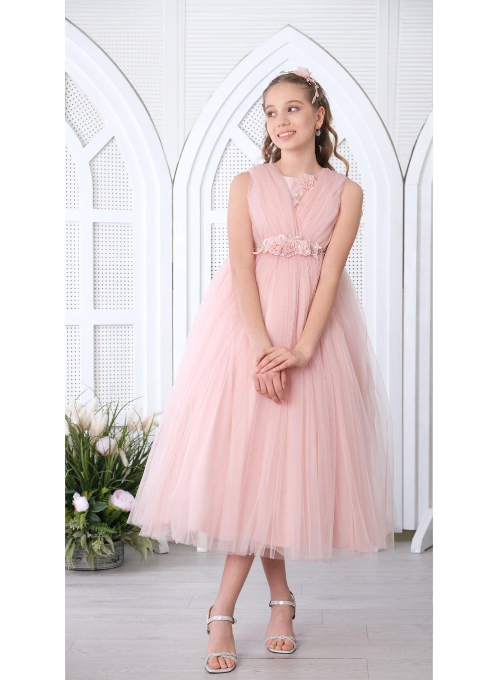 Dusty Pink Floral Tulle Midi Dress - Image 1