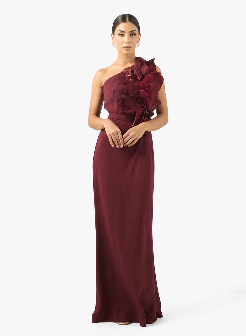 Maroon One-Shoulder Frill Maxi Dress Rb25 02 02 - Image 1
