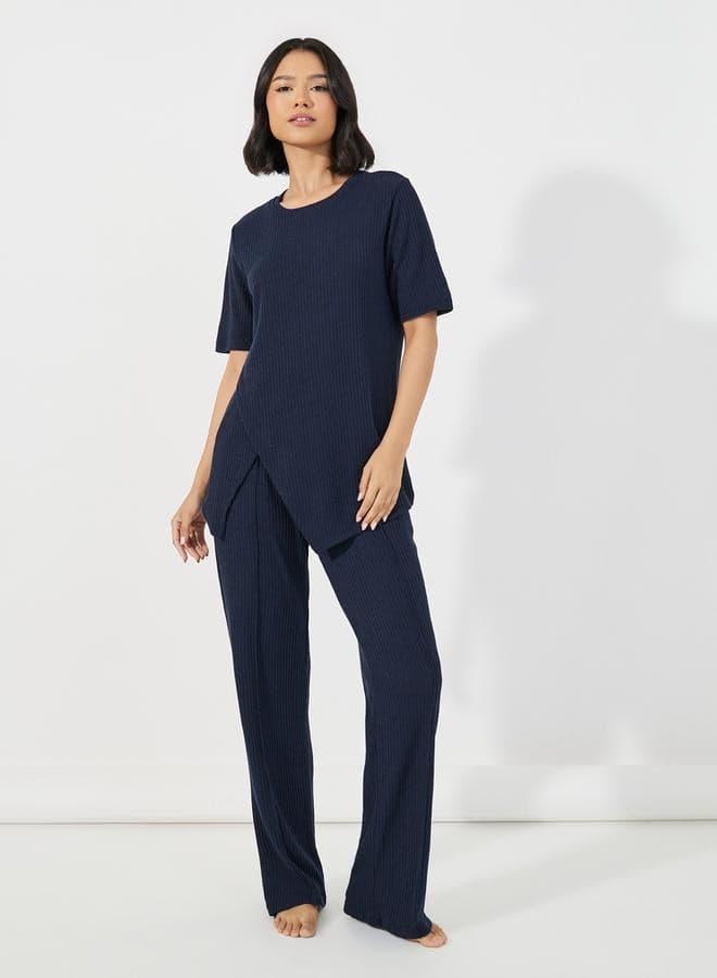 Styli Navy Brushed Ribbed Lounge Set Wide Leg - Image 1
