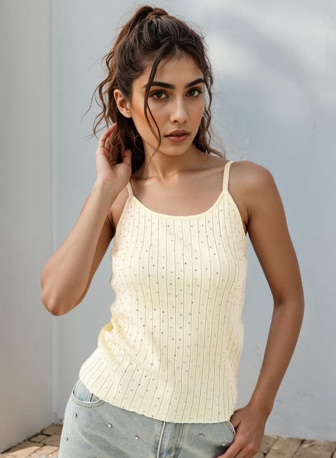 2Xtremz Yellow Embellished Strappy Scoop Neck Crop Top - Image 1
