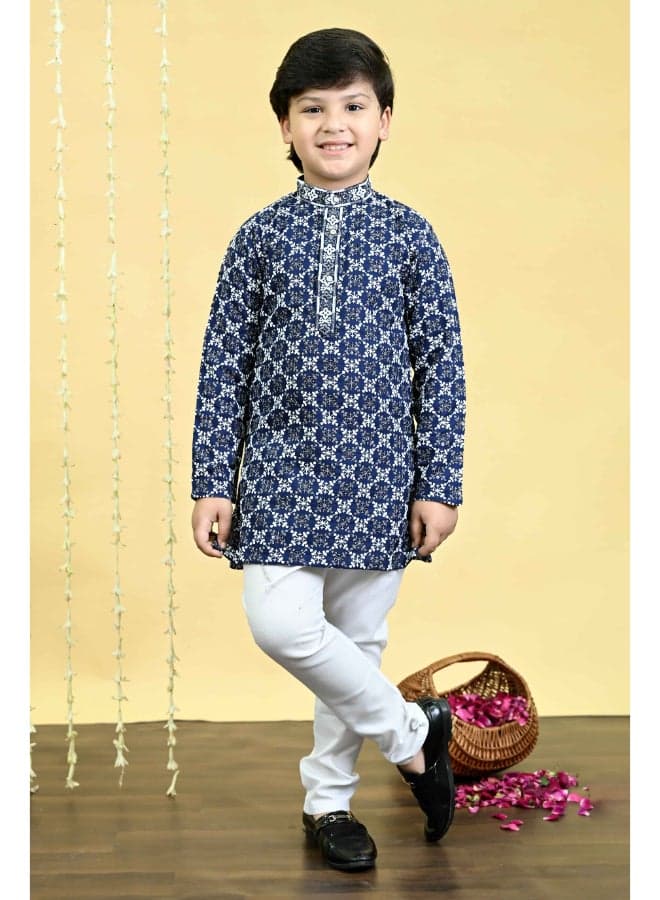 Navy Blue Sequined Kurta Pajama Set for Boys - Image 1