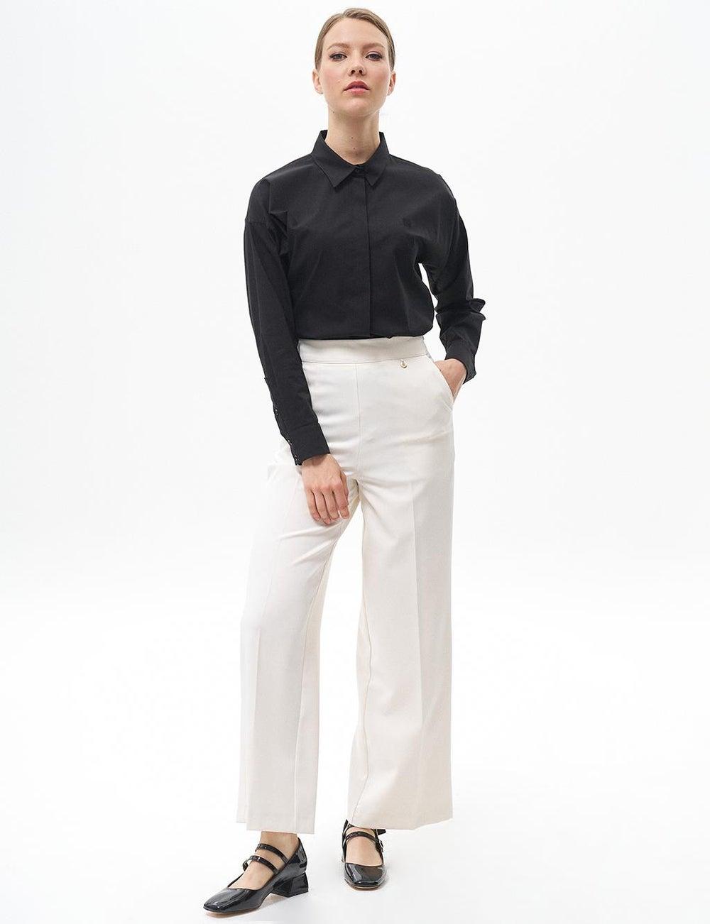 Ecru Pressed Crease Wide-Leg High Waist Pants - Image 1
