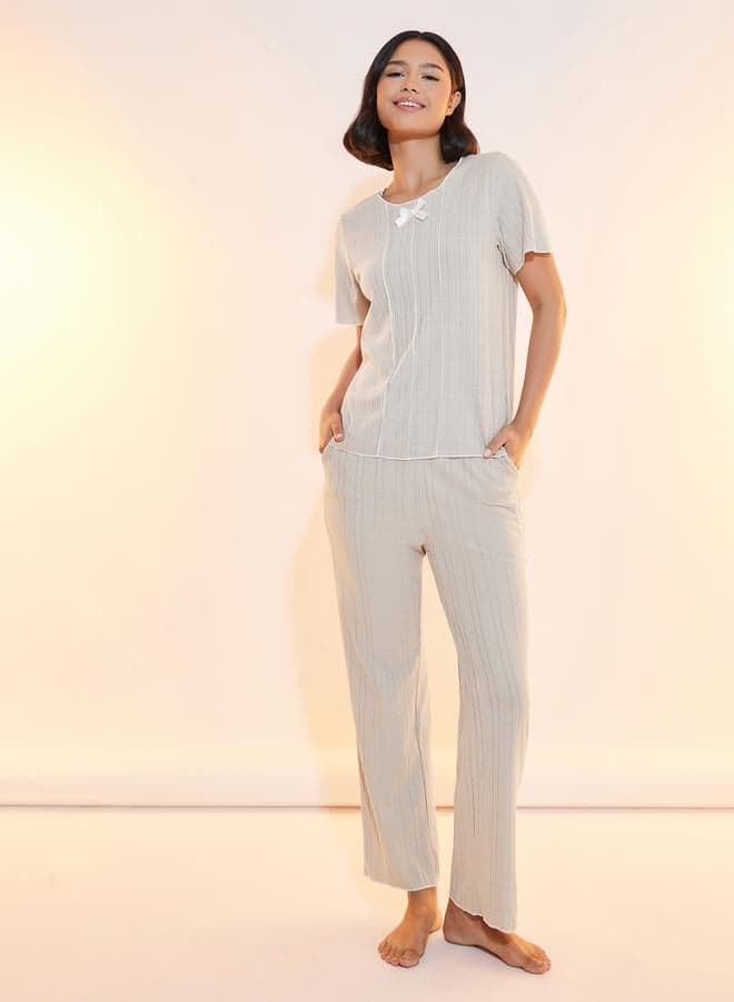 Pink Ribbed Round Neck Pyjama Set 7011084228 - Image 1