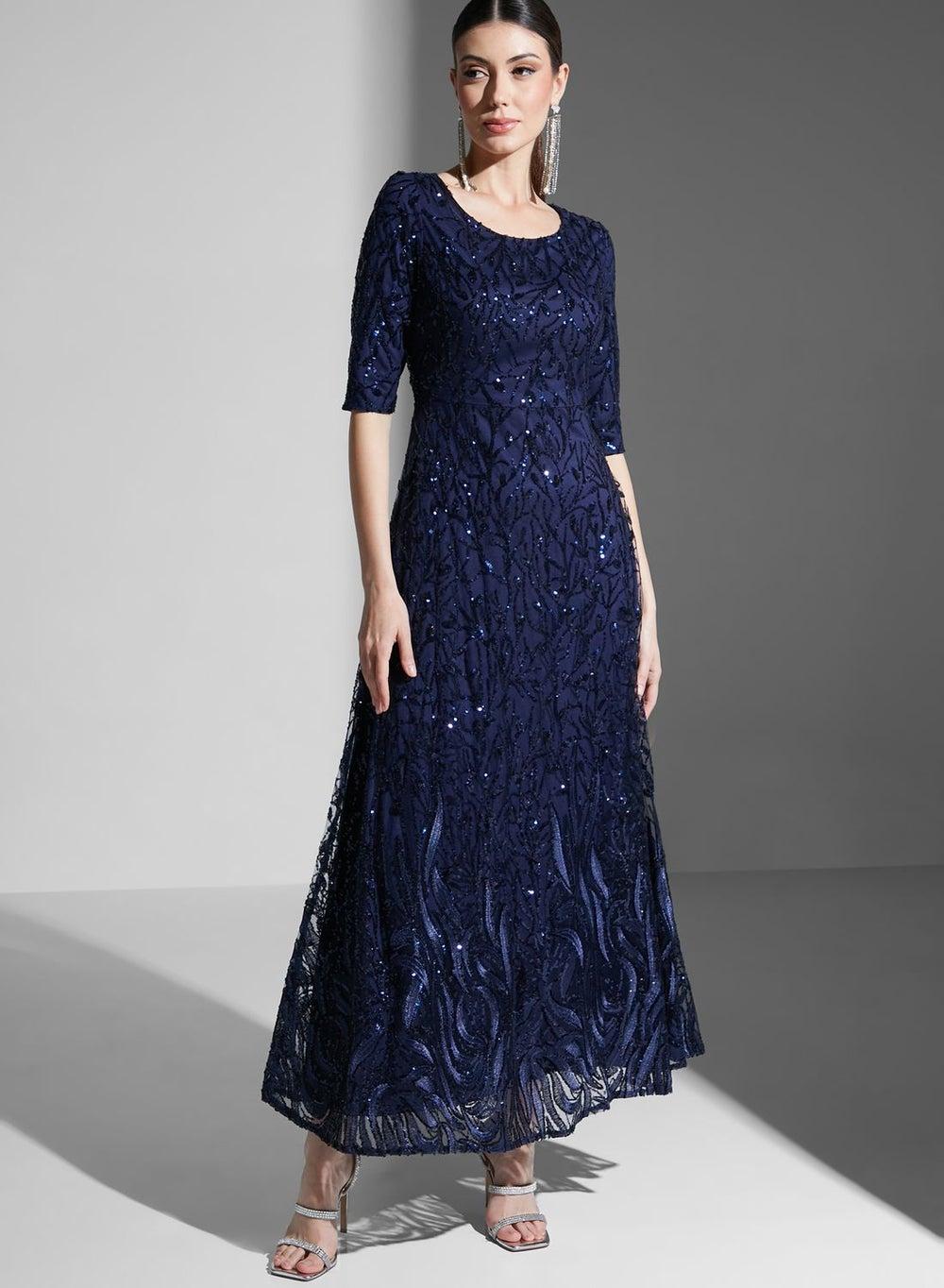 Blue Shimmer A-Line Maxi Dress Yya32001R - Image 1