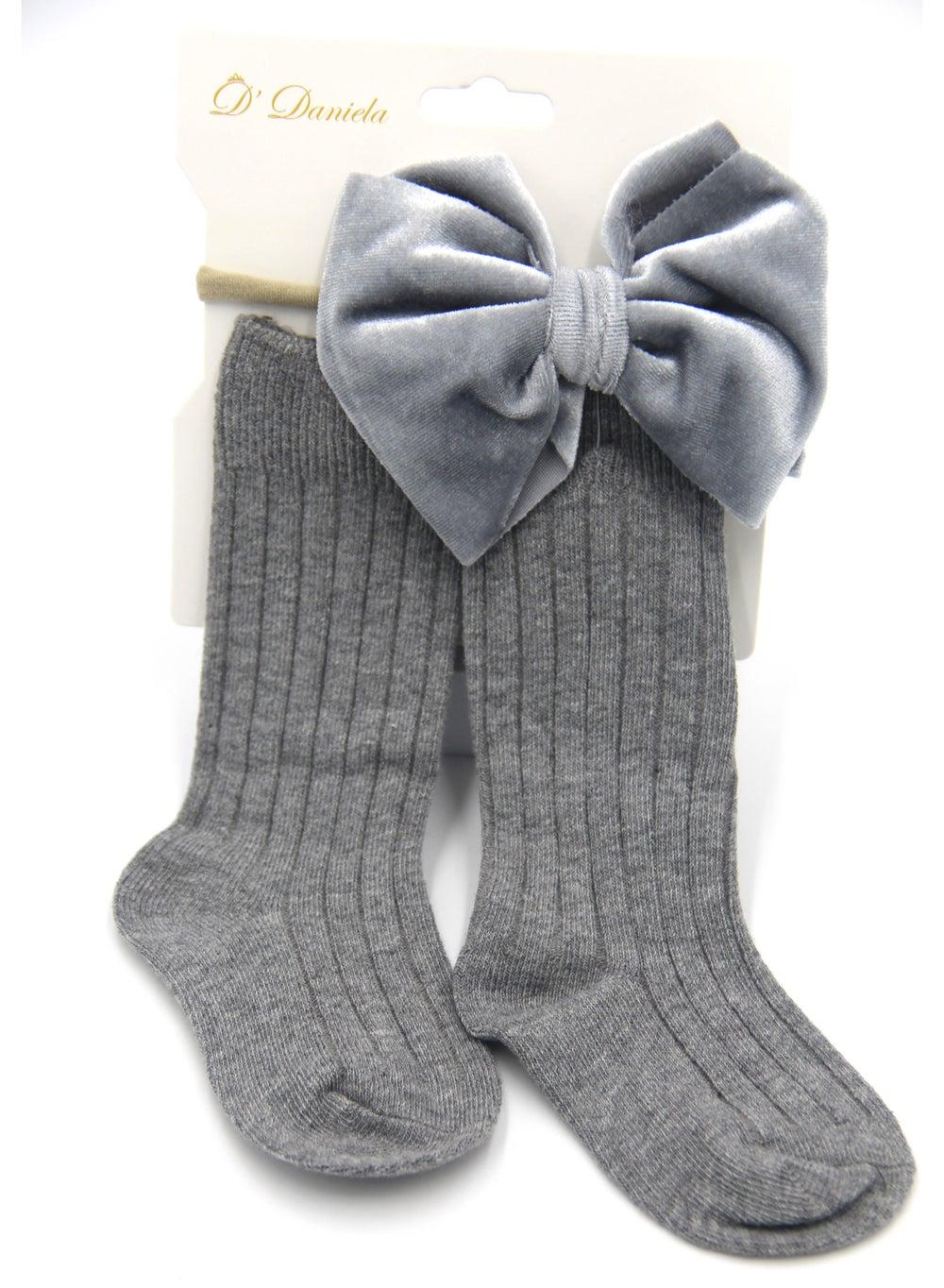 Mikha Grey Ribbon Bow & Socks Set - Image 1