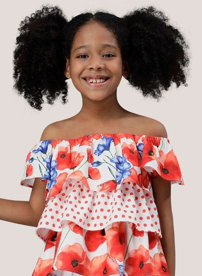 One Friday Girls Floral Off-Shoulder Frill Cotton Top - Image 1