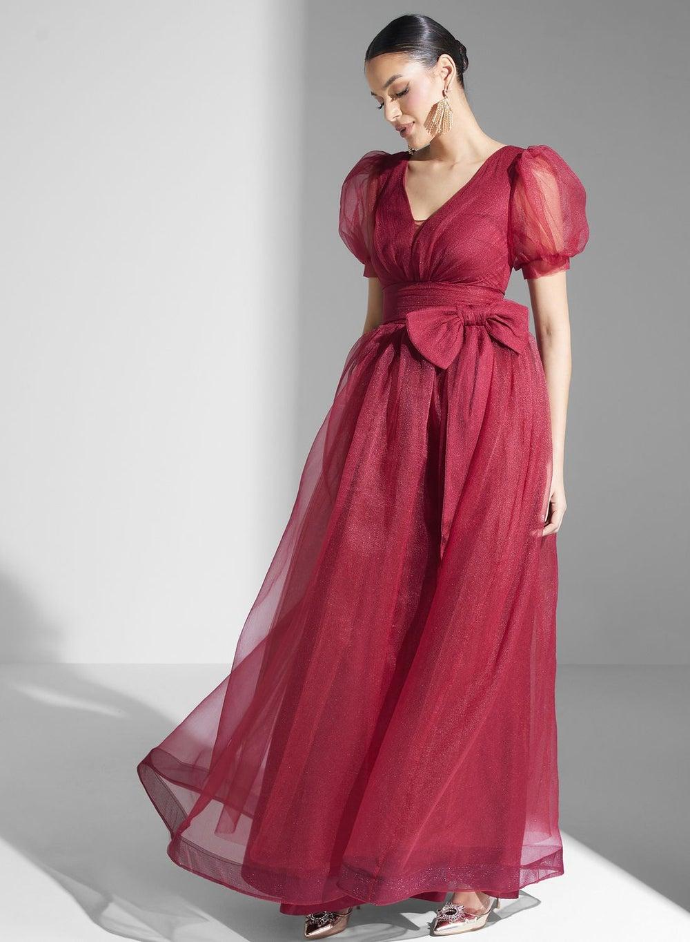 Shimmering Red Tulle Bow Maxi Dress Mt131216 - Image 1