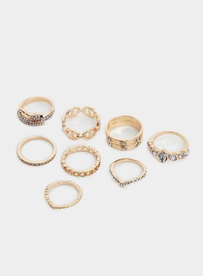 Set of 8 Gold Textured Embellished Rings - Image 1
