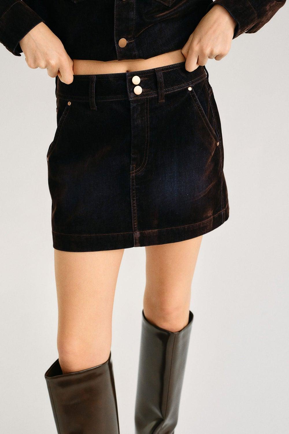 Flocked Denim Mini Skirt – High-Rise Black - Image 1