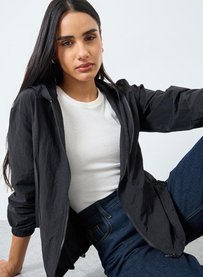 Styli Black Zipped Hooded Windbreaker Jacket - Image 1