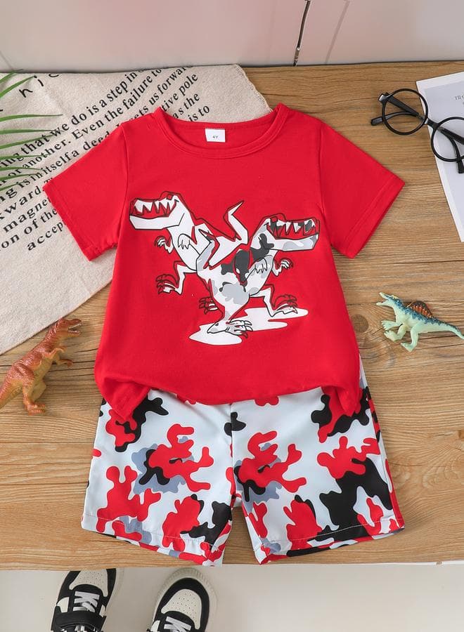 Boys Red Dinosaur Tee & Camo Shorts Set - Image 1