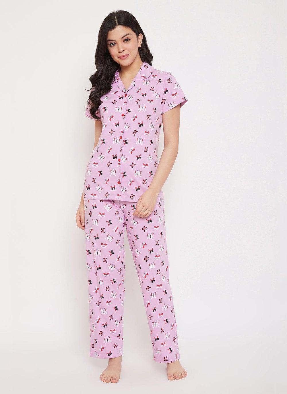 Clovia Lilac Butterfly Cotton Shirt Pyjama Set Ls0025A12 - Image 1