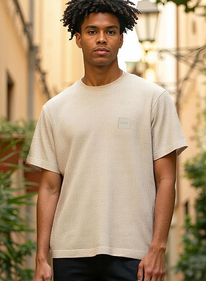 Lee Cooper Ribbed Cotton T-Shirt Beige - Image 1
