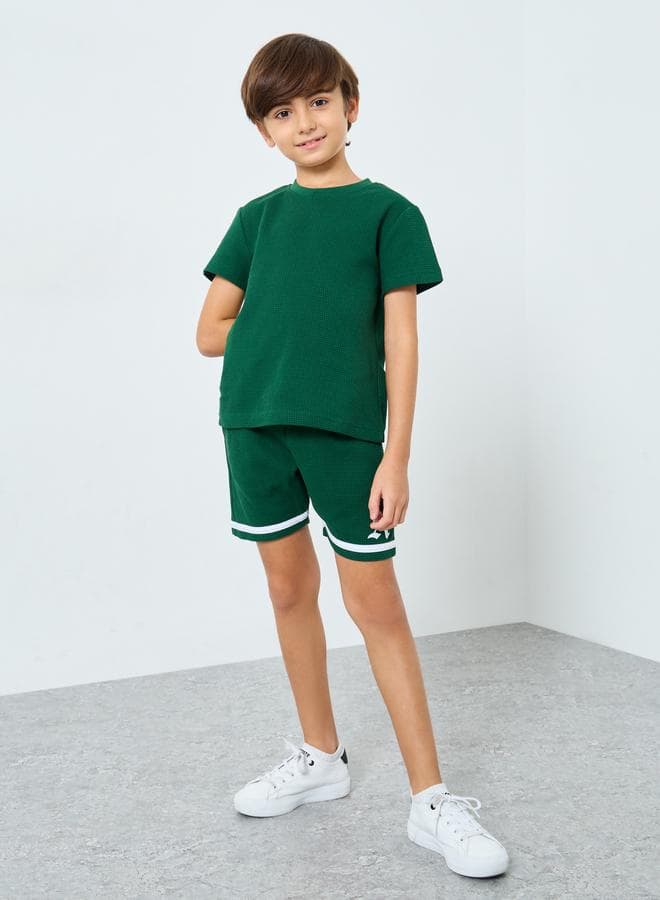 Boys Green Waffle Knit Cotton T-Shirt & Shorts Set - Image 1