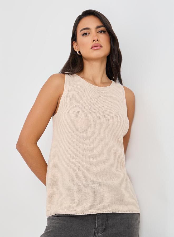 Beige Sleeveless Round Neck Knit Tank Top - Image 1
