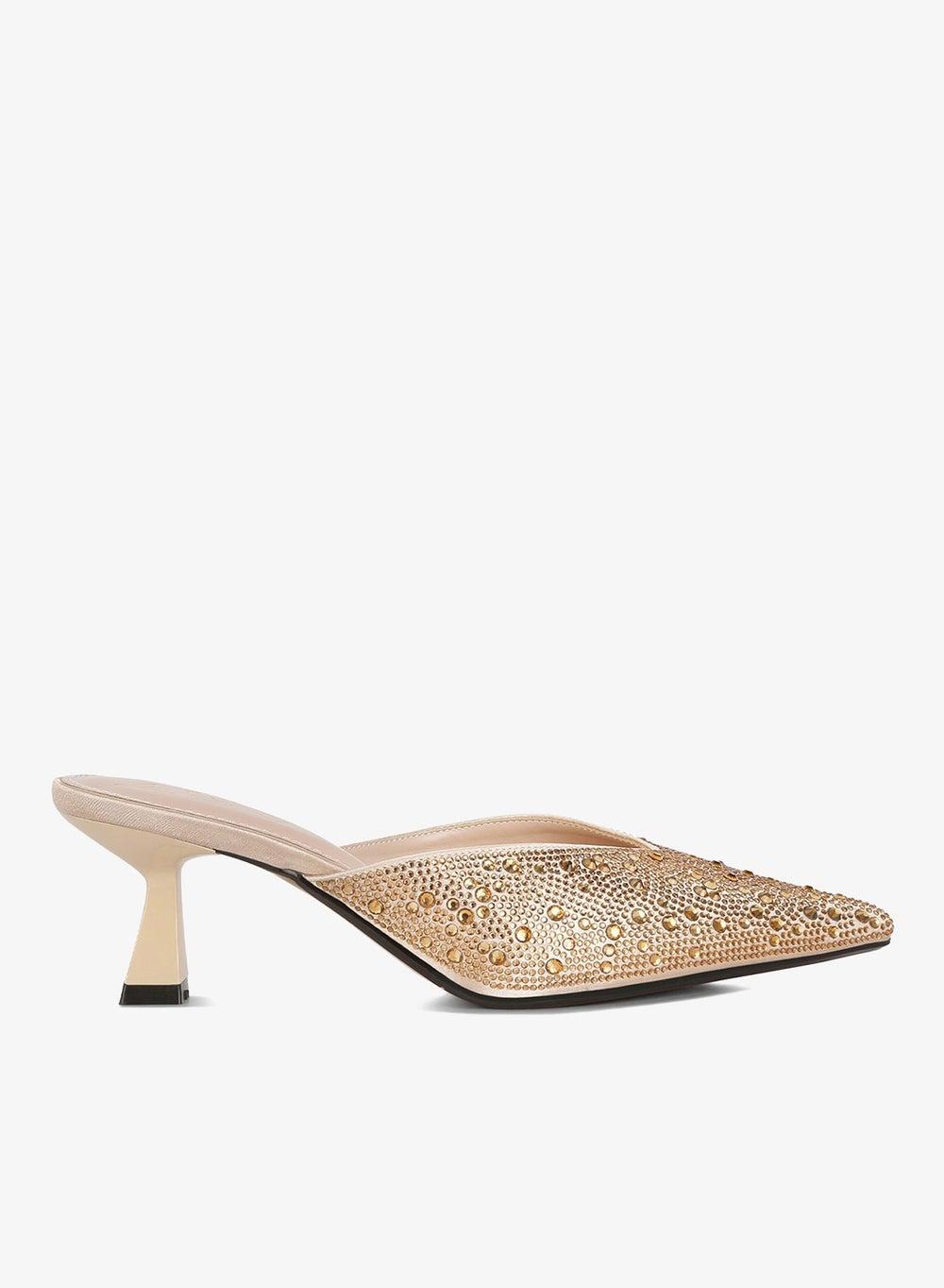 Beige Gold Rhinestone Satin Mules Sh4387 - Image 1