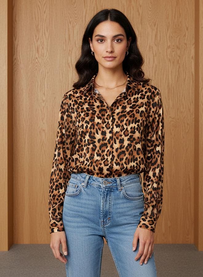 Brown Animal Print Viscose Blend Collar Shirt - Image 1