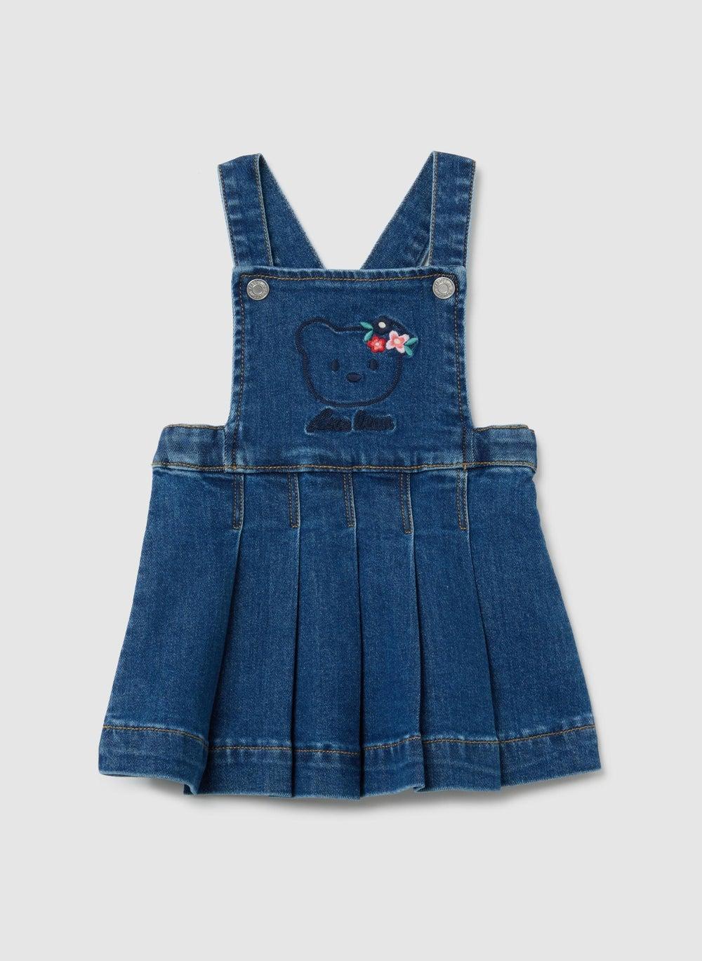 Blue Stretch Denim Baby Dress with Bear Embroidery - Image 1