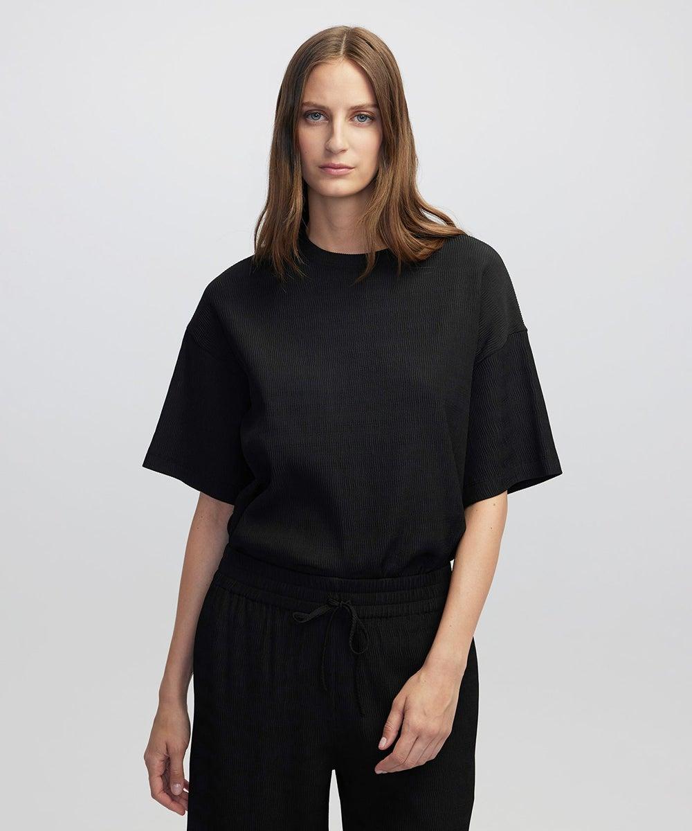 Oversized Textured Blouse with Ribbed Neckline - Image 1