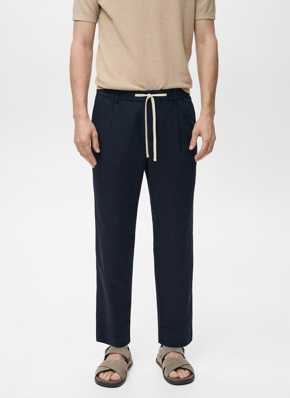 Navy Slim-Fit Linen Blend Drawstring Trousers 17071142 - Image 1