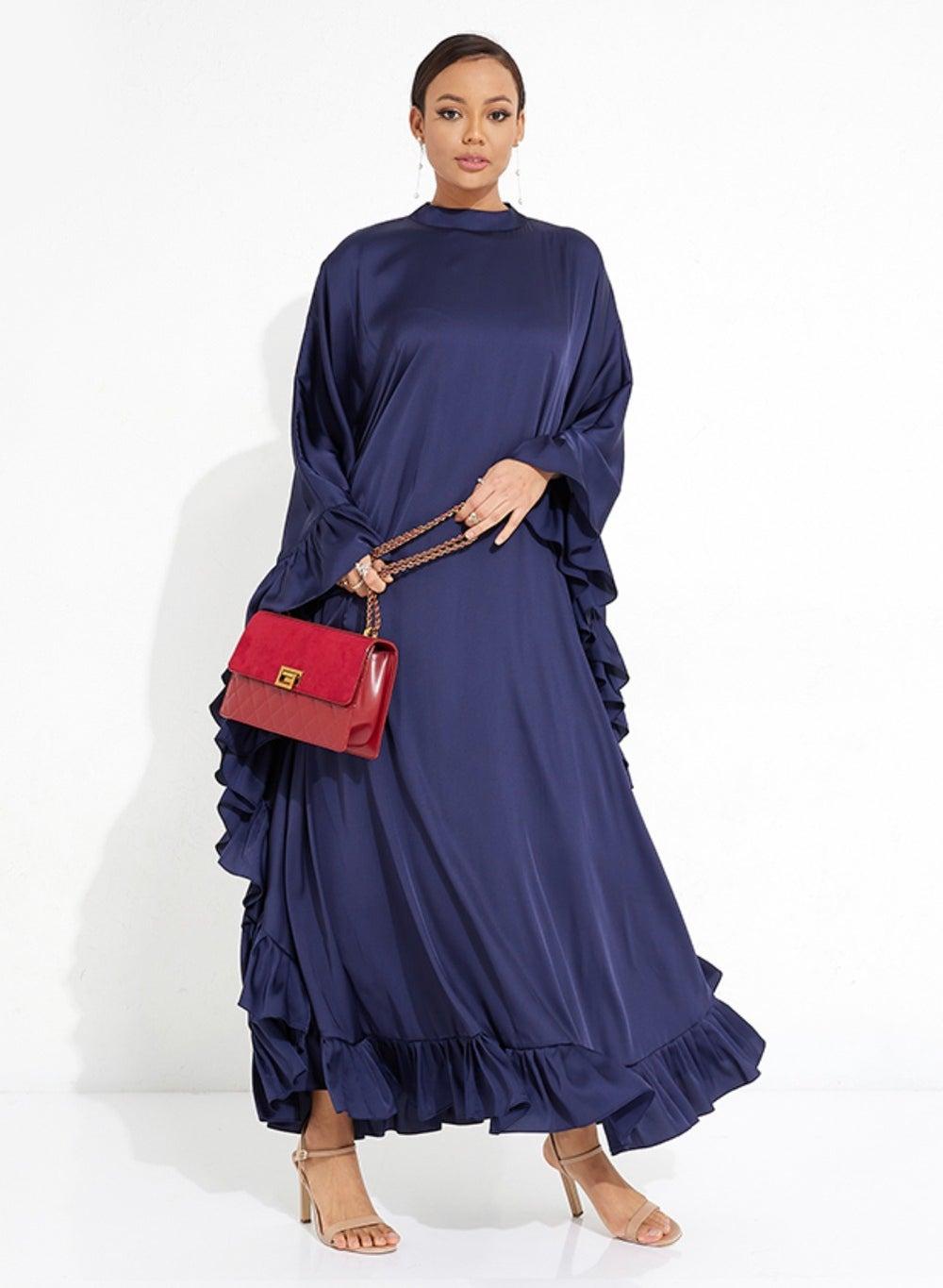 Navy Pleated Farasha Abaya 52" Elegant Evening Wear - Image 1