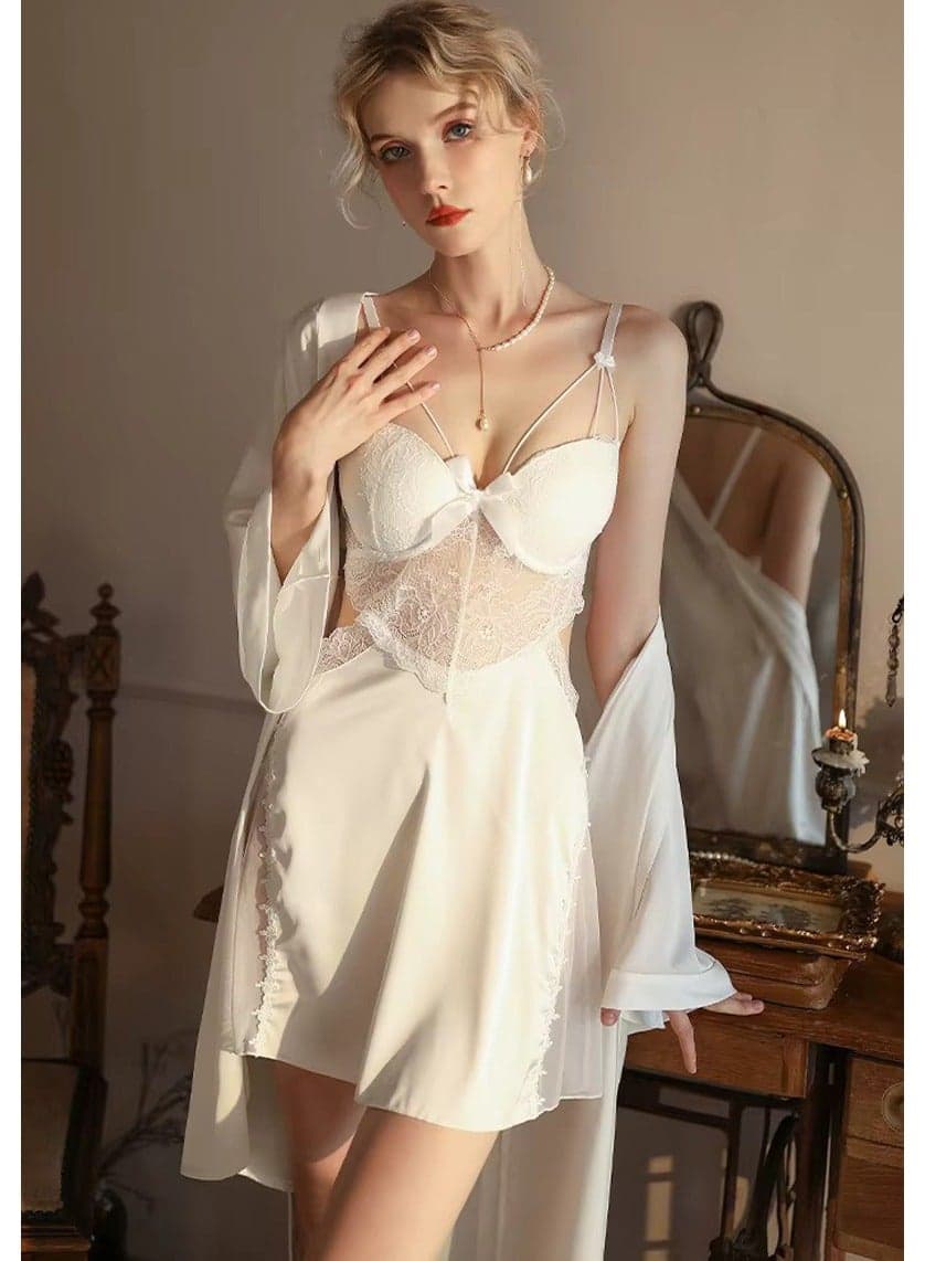 Silk Satin V-Neck Lace Nightgown Set White - Image 1