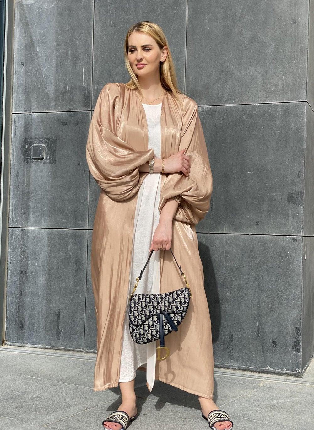 Beige Balloon Sleeve Abaya Set for Effortless Elegance - Image 1