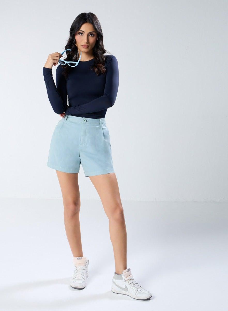 Mint Blue Cotton Pleated Shorts Classic Fit - Image 1