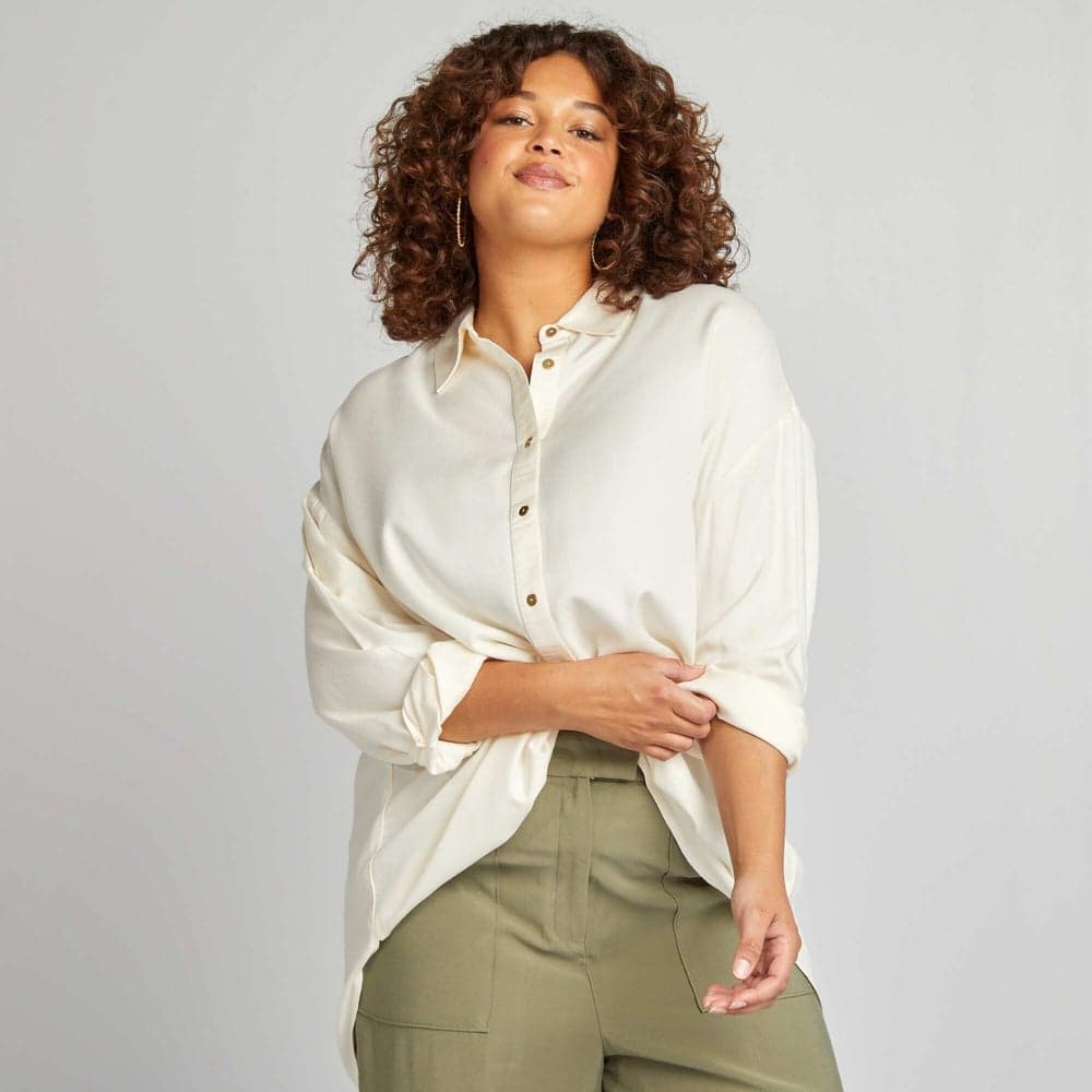Beige Longline Viscose Shirt with Gold Buttons - Image 1