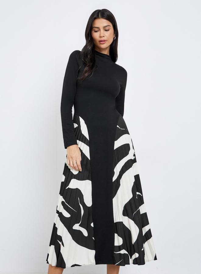 Styli Black Abstract Pleated Midi Dress A-Line - Image 1