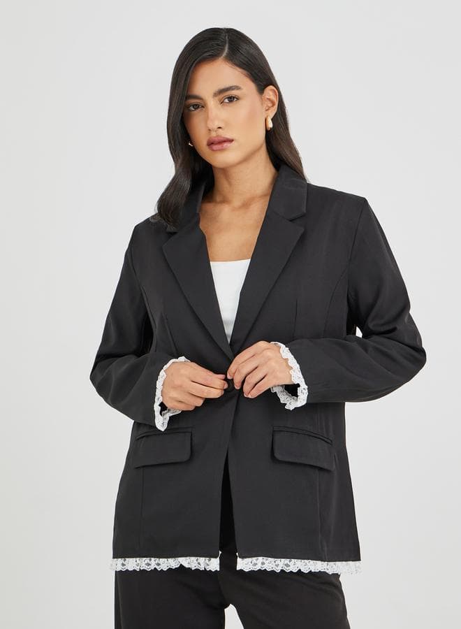 Solid Black Lace Trim Regular Fit Blazer - Image 1